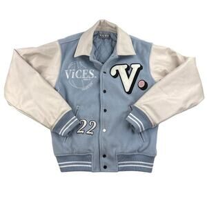 VICES - Hometown Hero Varsity Jacket in Baby Blue and Ivory